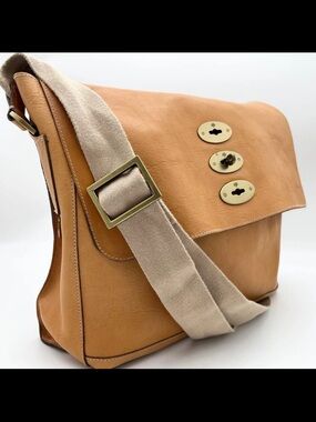 Mulberry Tan Leather Messenger Bag with Beige Canvas Strap